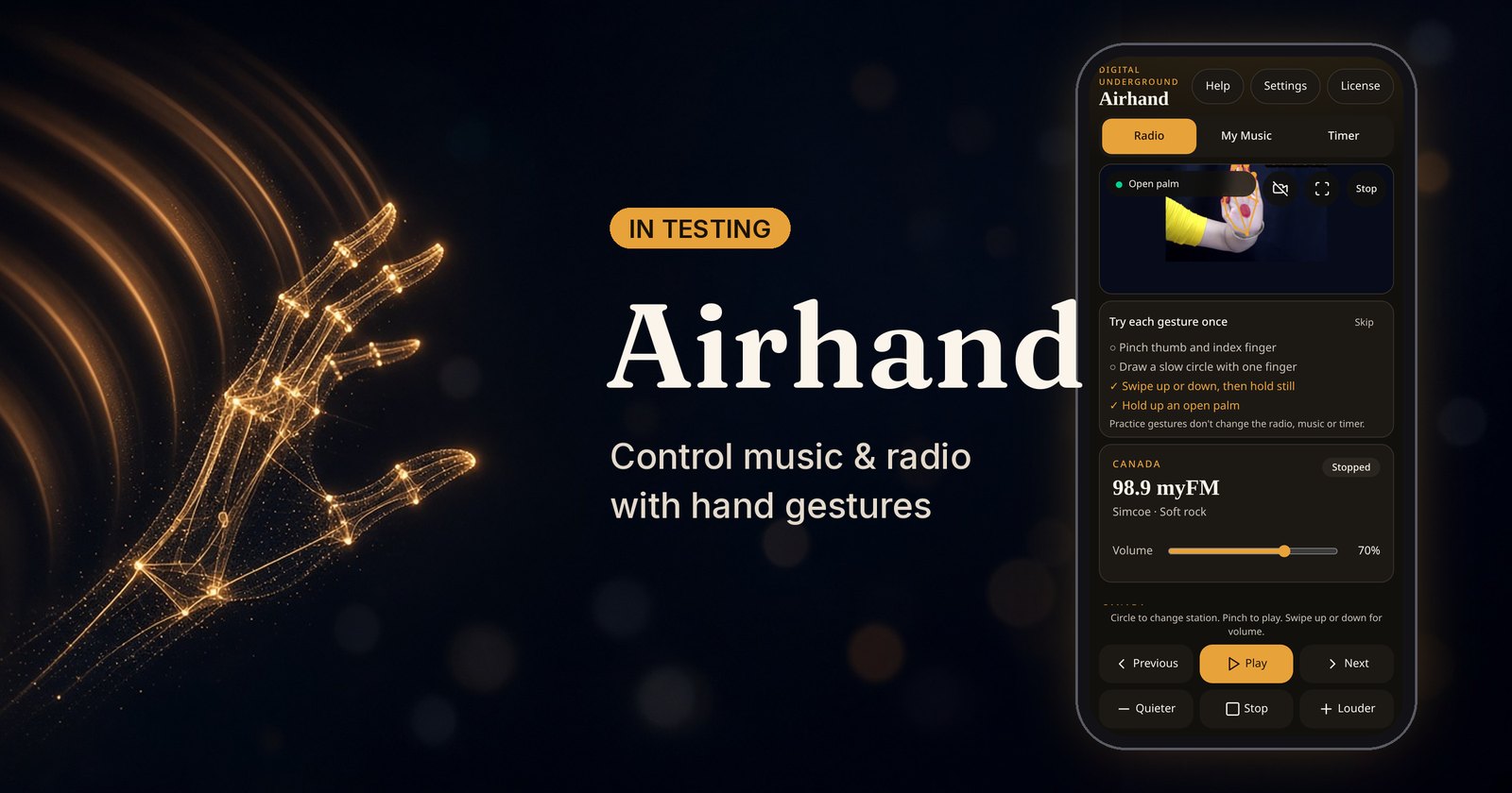 Airhand on a phone: radio tab with the camera view and gesture checklist